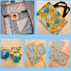 Baby Shower Gifts for Baby Boy incl. Blanket, Burp Cloths, Food bowls, Tote bag